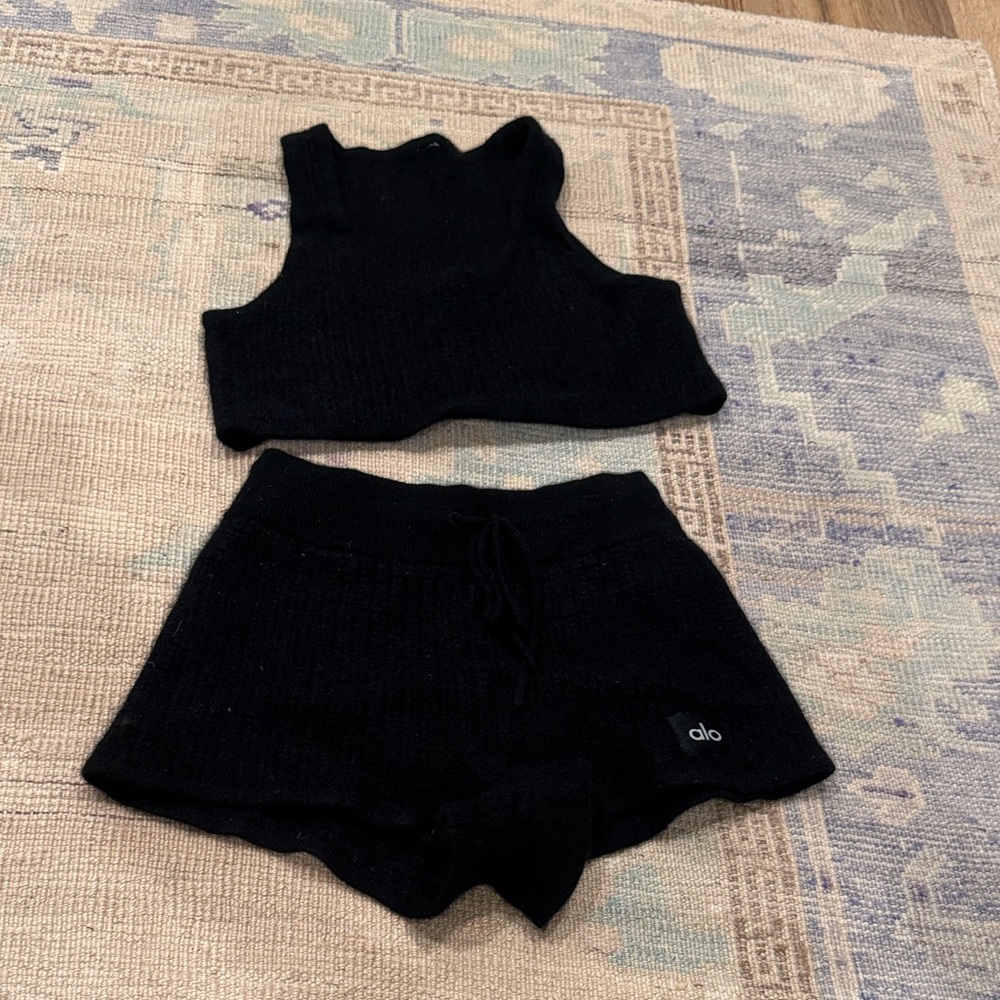 Alo Yoga Black Waffle Cashmere Short and Tank Set